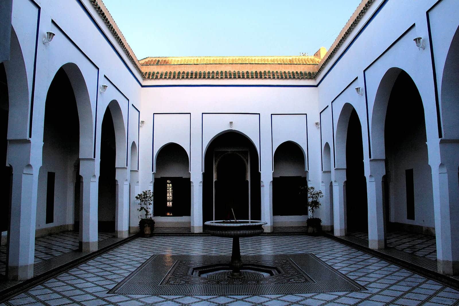 The front courtyard of Bahia Palace with carved cedar and tilework