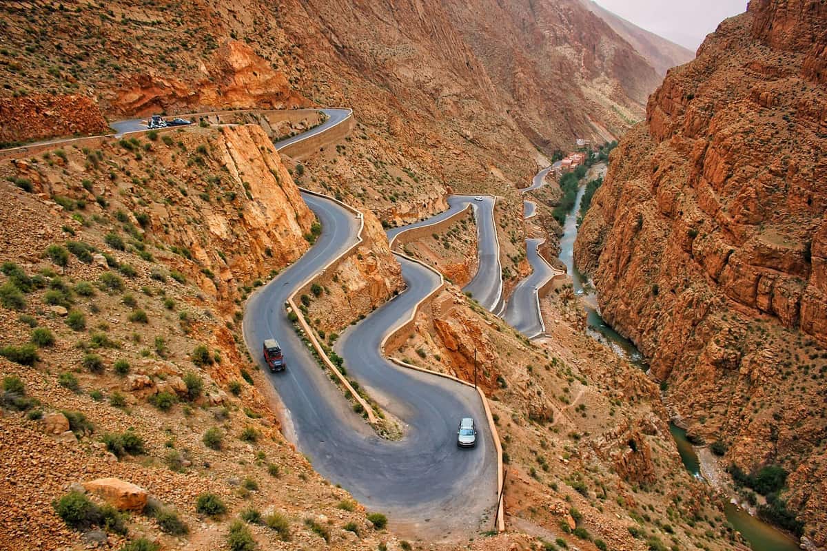 The zigzagging road climbing out of the Dadès Gorge