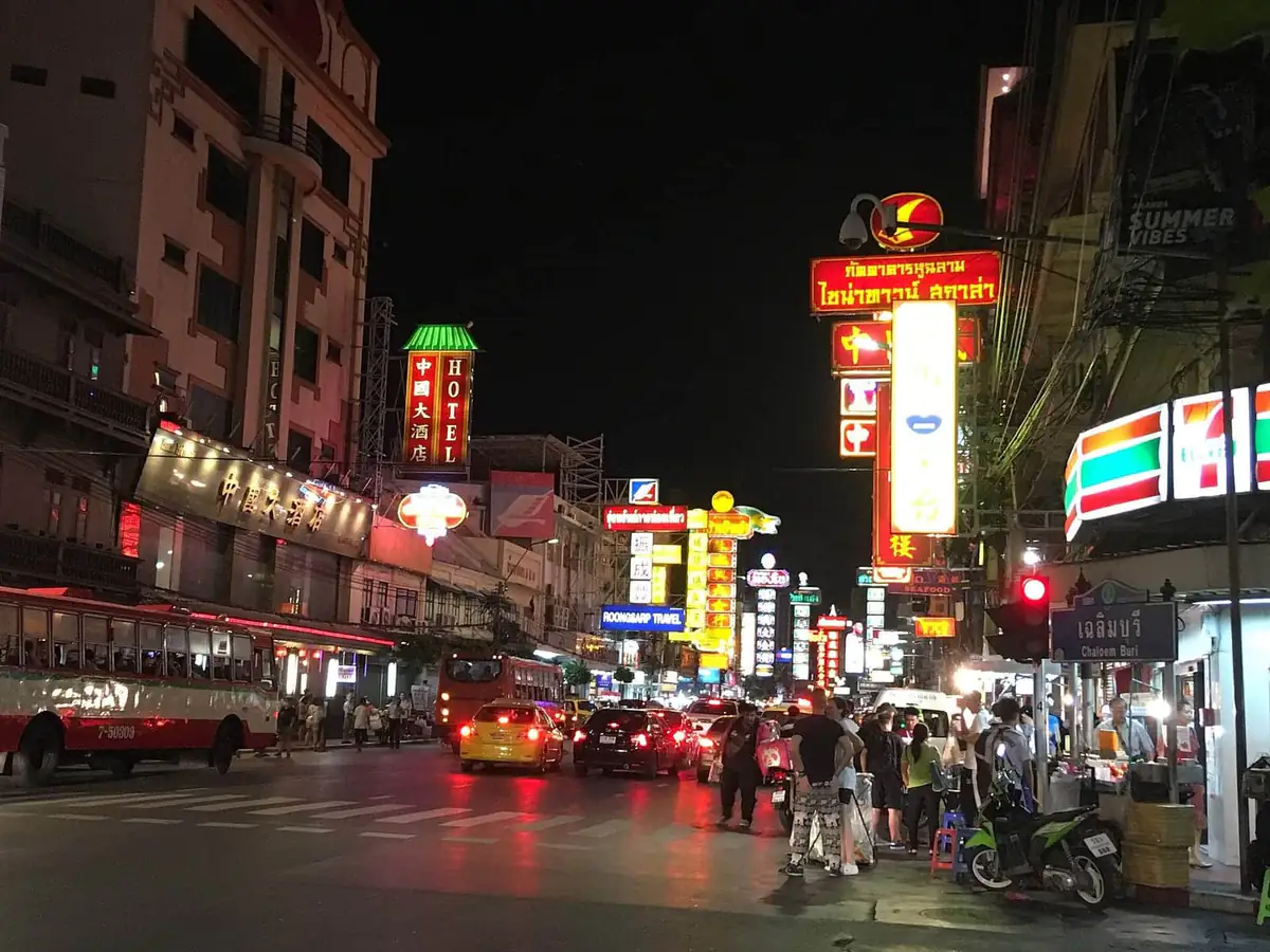 Neon signs over Yaowarat Road, Bangkok's Chinatown, at night